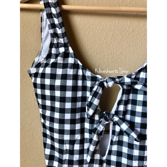 Gingham Bow Cutout One Piece Low Cut Swimsuit - Picture 2 of 4